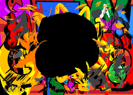Black Graffiti speech bubble on colorful background. Abstract modern Messaging sign street art decoration, Discussion icon performed in urban painting style.のイラスト素材