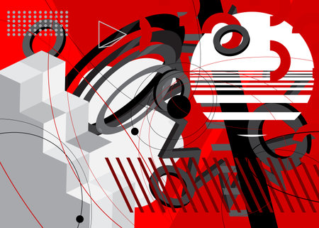 Black, white and red geometrical graphic retro background. Minimal geometric shape elements theme...