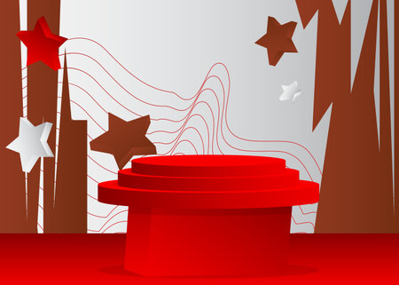 Brown, red and white mockup product display. Vector 3D room, stage showcase for presentation. Minimal geometric forms, cylinder pedestal podium.のイラスト素材