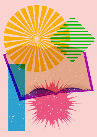 Book and colorful geometric shapes. Educational Object in trendy riso graph design. Geometry elements abstract risograph print texture style.のイラスト素材