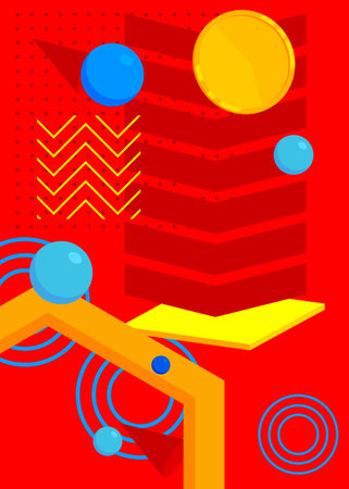 Blue, red and yellow geometrical graphic retro theme background. Minimal geometric elements poster, banner, cover design. Vintage abstract shapes template.のイラスト素材