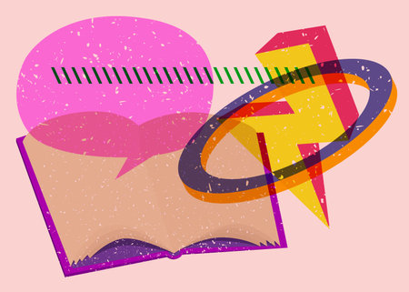 Book with speech bubble and colorful geometric shapes. Educational Object in trendy riso graph design. Geometry elements abstract risograph print texture style.のイラスト素材