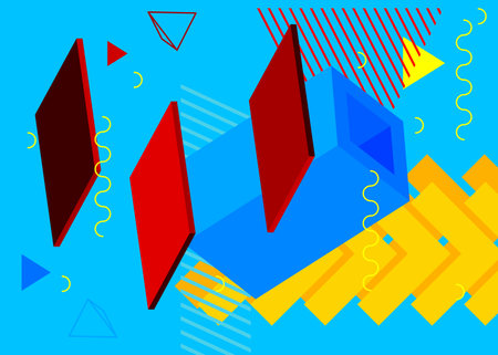 Blue, red and yellow geometrical graphic retro theme background. Minimal geometric elements poster, banner, cover design. Vintage abstract shapes template.のイラスト素材