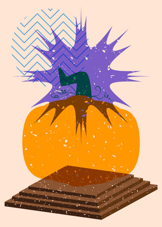 Pumpkin with colorful geometric shapes. Abstract holiday, harvest trendy riso graph design. Geometry elements abstract risograph print texture style.のイラスト素材
