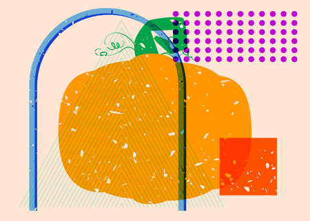 Pumpkin with colorful geometric shapes. Abstract holiday, harvest trendy riso graph design. Geometry elements abstract risograph print texture style.のイラスト素材