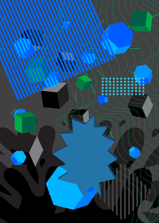Black, blue and green geometrical graphic retro theme poster, cover. Minimal geometric shapes elements design. Vintage template for banner.のイラスト素材