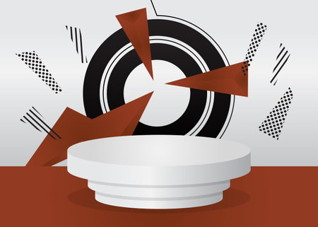 Brown, black and white mockup product display. Minimal geometric forms. Vector cylinder pedestal podium. Stage showcase scene for presentation.のイラスト素材