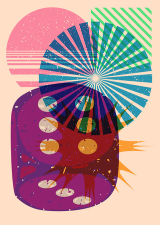 Dice with colorful geometric shapes. Object in trendy riso graph design. Geometry elements abstract risograph print texture style.のイラスト素材