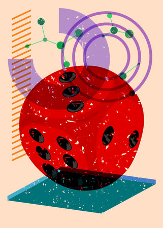 Dice with colorful geometric shapes. Object in trendy riso graph design. Geometry elements abstract risograph print texture style.のイラスト素材