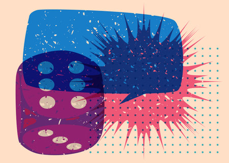 Dice with speech bubble and geometric shapes. Luck concept in trendy riso graph design. Geometry elements abstract risograph print texture style.のイラスト素材