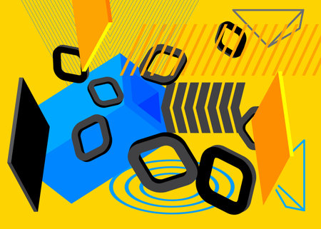Black, Blue and yellow geometrical graphic retro theme cover. Minimal geometric elements poster design. Vintage abstract shapes template for poster banner.のイラスト素材