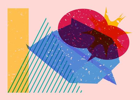 Paper Airplane and speech bubble with colorful geometric shapes. Object in trendy riso graph design. Geometry elements abstract risograph print texture style.のイラスト素材