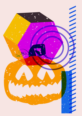 Halloween riso graph poster with Jack O' Lantern and geometric shapes. Abstract holiday theme. Geometry elements abstract risograph print texture style.のイラスト素材