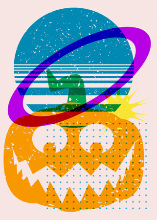 Halloween riso graph poster with Jack O' Lantern and geometric shapes. Abstract holiday theme. Geometry elements abstract risograph print texture style.のイラスト素材