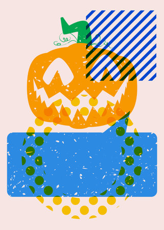 Halloween riso graph poster with Jack O' Lantern, speech bubble and geometric shapes. Abstract holiday theme. Geometry elements abstract risograph print texture style.のイラスト素材