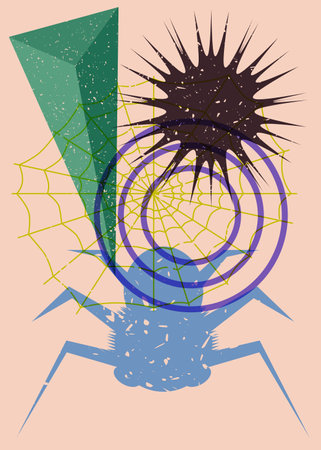 Spider and spider web with geometric shapes. Object in trendy riso graph design for Halloween. Geometry elements abstract risograph print texture style.のイラスト素材