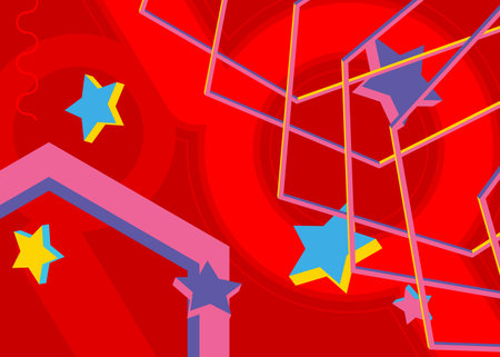 Colorful geometrical graphic retro theme with red background. Minimal geometric elements poster design. Vintage abstract shapes template for poster banner.のイラスト素材