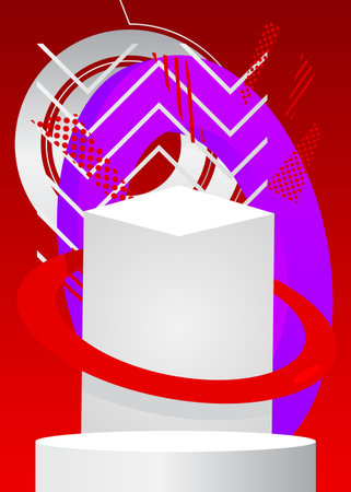 Red, white and purple vector cylinder pedestal podium. Mockup product stage showcase for presentation. Sci-fi minimal geometric scene, display.のイラスト素材