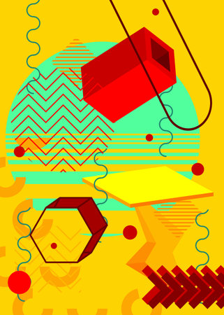 Turquoise, red and yellow geometric elements poster. Minimal geometrical graphic template. Vintage...