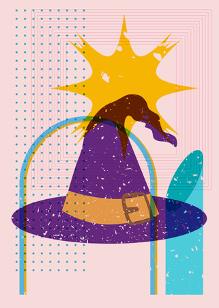 Risograph Halloween Witch's Hat and geometric shapes. Holiday in trendy riso graph design.のイラスト素材