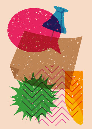 Risograph notepaper with pinned pushbutton, speech bubble and geometric shapes. Object in trendy riso graph design. Geometry elements abstract risograph print texture style.のイラスト素材