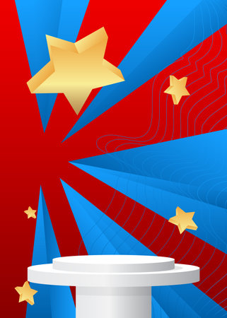 Blue, gold, red and white vector cylinder pedestal podium. Mockup product display, stage showcase for presentation.のイラスト素材