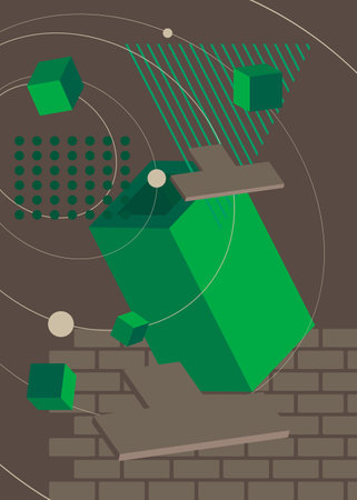 Green and gray vector geometrical graphic retro poster theme with minimal geometric elements. Vintage abstract shapes template.のイラスト素材