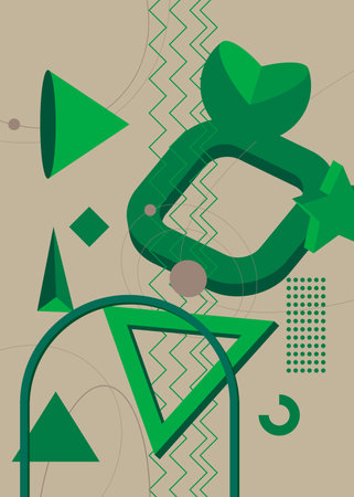 Green and gray vector geometrical graphic retro poster theme with minimal geometric elements. Vintage abstract shapes template.のイラスト素材