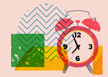 Risograph alarm clock wirh geometric shapes. Waking up early morning concept with objects in trendy riso graph design, print texture style.のイラスト素材