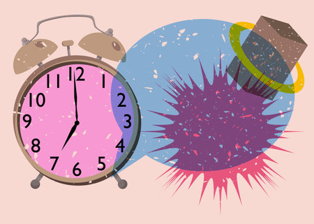 Risograph alarm clock wirh speech bubble and geometric shapes. Waking up early morning concept with objects in trendy riso graph design, print texture style.のイラスト素材
