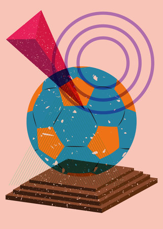 Risograph football ball with geometric shapes. Sport object in trendy riso graph design.のイラスト素材