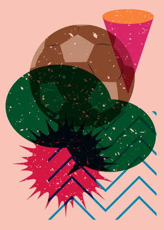 Risograph football ball with Speech Bubble and geometric shapes. Sport object in trendy riso graph design.のイラスト素材