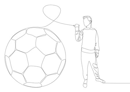 One continuous line of Man pointing with finger at Football ball. Thin Line Illustration vector concept. Contour Drawing Creative ideas.のイラスト素材