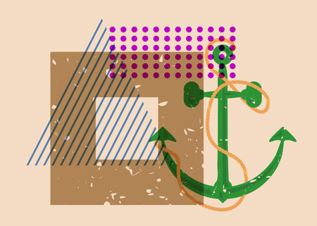 Risograph Anchor and geometric shapes. Nautical Object in trendy riso graph design, print texture style.のイラスト素材