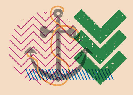 Risograph Anchor and geometric shapes. Nautical Object in trendy riso graph design, print texture...