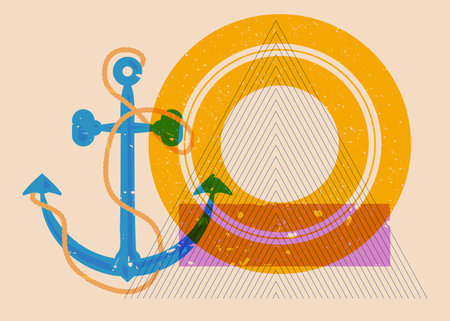 Risograph Anchor and geometric shapes. Nautical Object in trendy riso graph design, print texture style.のイラスト素材