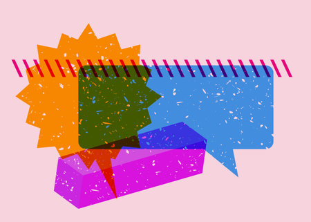 Two colorful risograph speech bubble, geometric shapes. Message sign in trendy riso graph design with geometry elements.のイラスト素材
