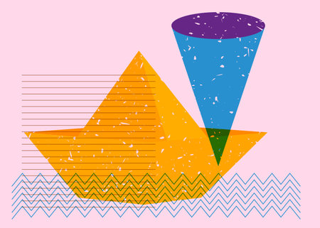 Risograph paper ship with geometric shapes. Origami boat with geometry elements in trendy riso graph design.のイラスト素材