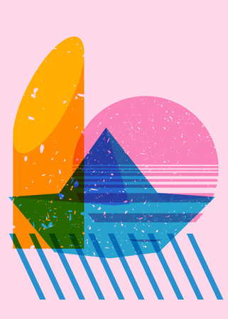Risograph paper ship with geometric shapes. Origami boat with geometry elements in trendy riso graph design.のイラスト素材
