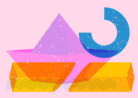 Risograph paper ship with geometric shapes. Origami boat with geometry elements in trendy riso graph design.のイラスト素材
