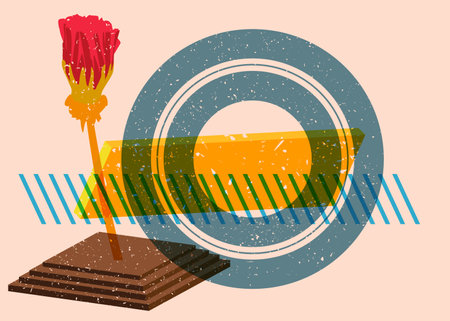 Risograph flower with geometric shapes. Botany object in trendy riso graph design with geometry elements.のイラスト素材