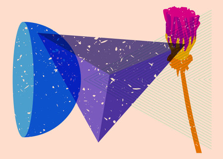 Risograph flower with geometric shapes. Botany object in trendy riso graph design with geometry...