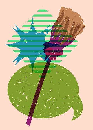 Risograph flower with speech bubble and geometric shapes. Botany object in trendy riso graph design with geometry elements.のイラスト素材