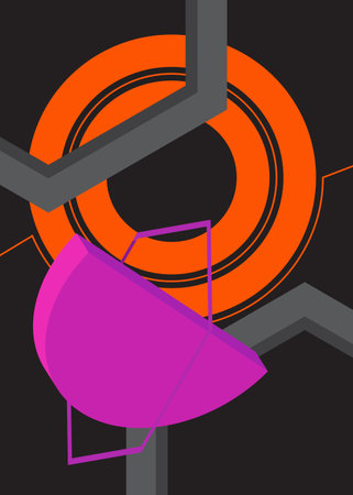 Black, orange and purple geometrical graphic retro theme cover. Minimal geometric elements poster design. Vintage abstract shapes template for poster banner.のイラスト素材