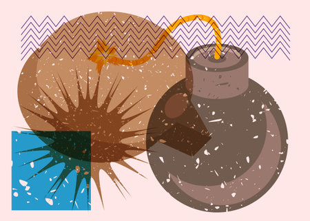 Risograph bomb with speech bubble and geometric shapes. Object in trendy riso graph design. Geometry elements abstract print texture style.のイラスト素材