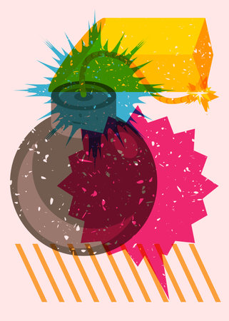 Risograph bomb with speech bubble and geometric shapes. Object in trendy riso graph design. Geometry elements abstract print texture style.のイラスト素材