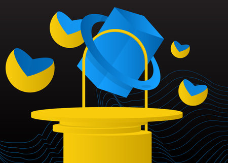Abstract Yellow, Blue and Black product display. Mockup vector cylinder pedestal podium. Minimal geometric stage showcase for presentation.のイラスト素材