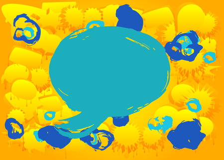 Blue Graffiti speech bubble on yellow background. Abstract modern Messaging sign street art decoration, Discussion icon performed in urban painting style.のイラスト素材