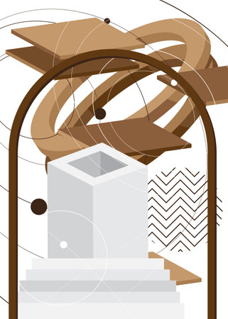 Brown and white geometrical graphic retro background. Minimal geometric shapes elements theme cover, poster design. Vintage template.のイラスト素材