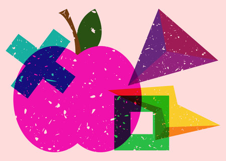 Risograph apple with geometric shapes. Fruit and object in trendy riso graph design.のイラスト素材